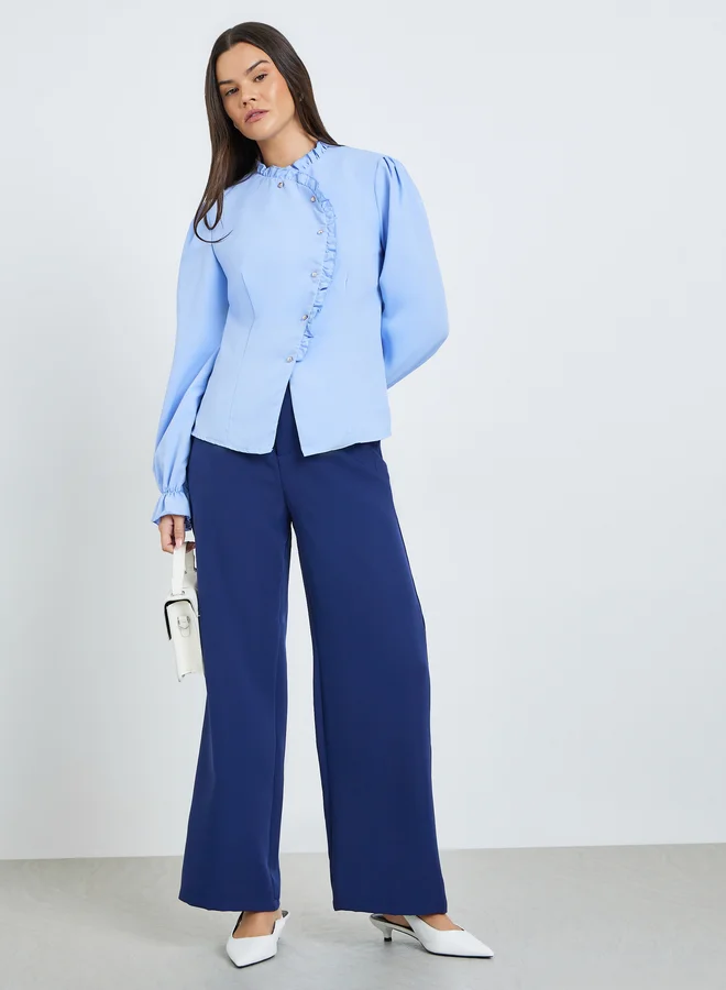 Take Two Women Solid Ruffled Neck Button Front Top